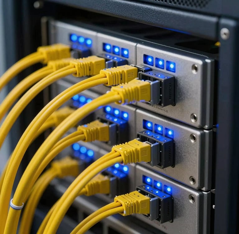 Macro close-up of a high-end server rack with neatly organized yellow fiber optic cables, glowing blue LED indicators, clean metallic surfaces, high contrast technical photography