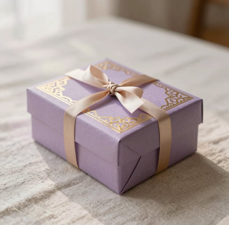 A beautifully arranged Islamic gift box on textured linen, soft diffused natural daylight, gold foil details catching the light