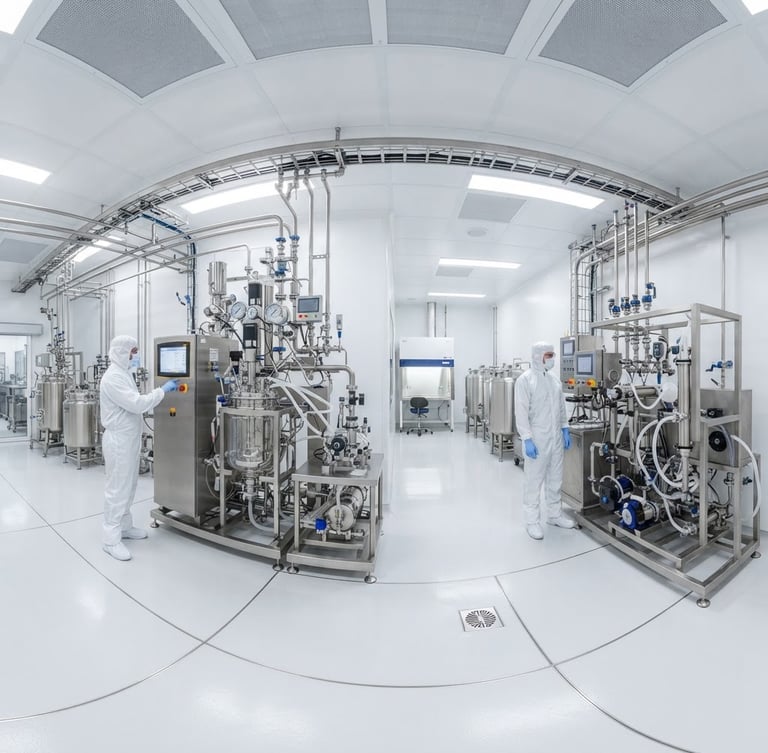 Wide panoramic view of a sterile cleanroom environment with advanced bioprocessing equipment, bright clinical white lighting, sharp focus, orthographic perspective, 50mm lens.