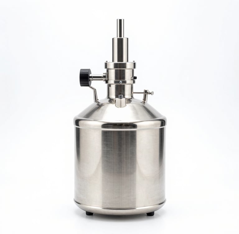 Orthographic studio shot of a high-precision stainless steel bioreactor, bright high-key clinical white light, clean shadows, sterile silver tones, sharp focus.