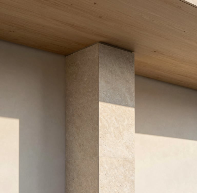 Minimalist architectural detail of a travertine stone column meeting a raw oak ceiling, soft morning light, shadow play, clean lines, editorial architectural photography