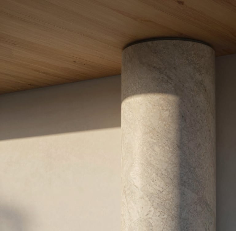Extreme close-up of a minimalist travertine marble column meeting a raw oak ceiling, soft morning light casting long shadows, architectural detail
