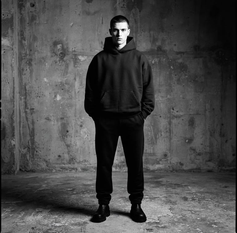 Model standing in a concrete studio wearing a heavyweight black hoodie, sharp shadows emphasizing the boxy drape, 35mm lens