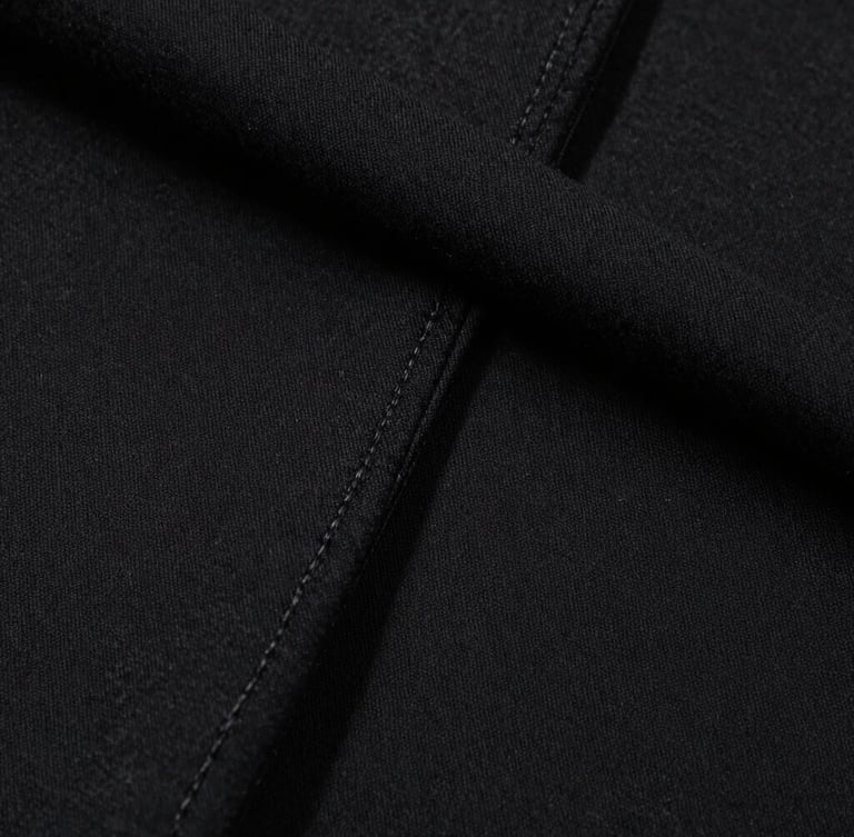 Close-up of thick, heavy-weight black cotton fabric seams, sharp studio lighting highlighting the dense texture and clean stitching