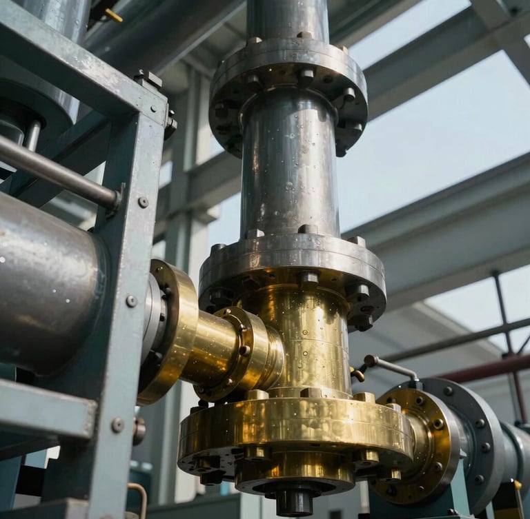 Heroic low-angle shot of heavy industrial manufacturing equipment, steel and brass components, sharp natural daylight, architectural composition.