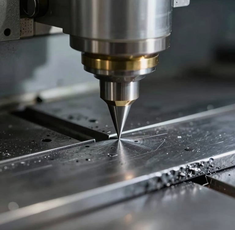 Macro close-up of a precision CNC lathe cutting steel, sharp focus, natural high-contrast architectural lighting, cool slate gray tones