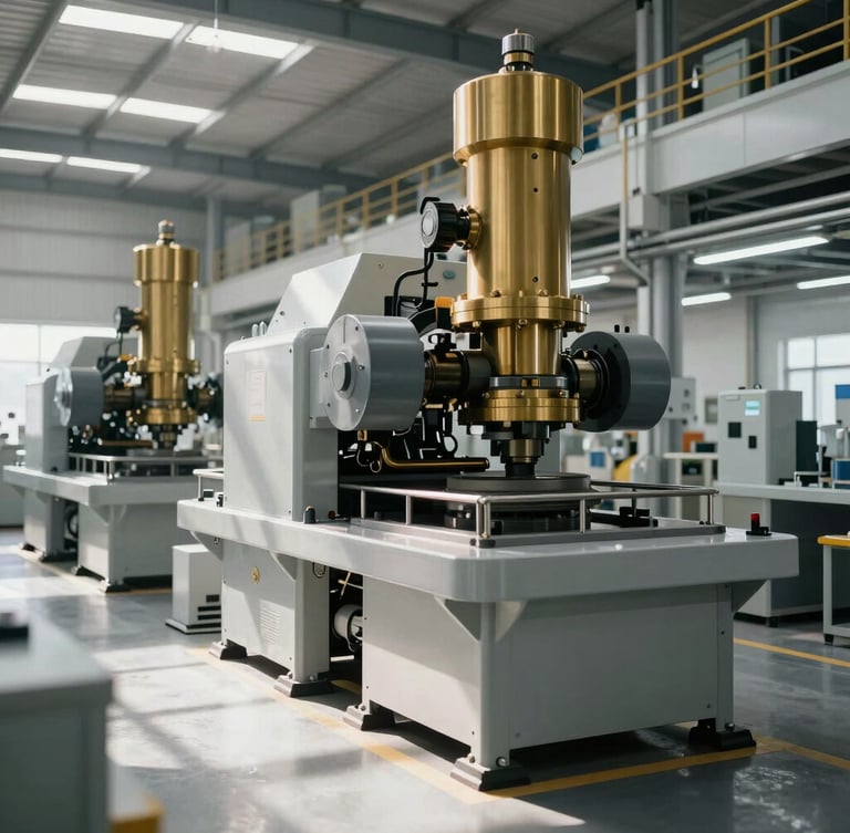 Wide-angle architectural crop of heavy automated machinery in a clean modern manufacturing facility, sharp natural daylight, desaturated cool tones