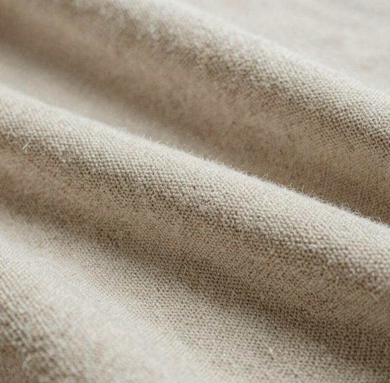 Extreme close-up of raw unbleached cotton textile weave, heavy texture, soft overcast natural daylight, organic beige tones
