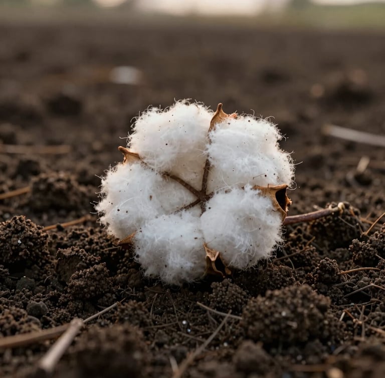 Macro photograph of rich dark organic soil with raw cotton fibers resting on top, soft golden hour lighting, tactile earth textures