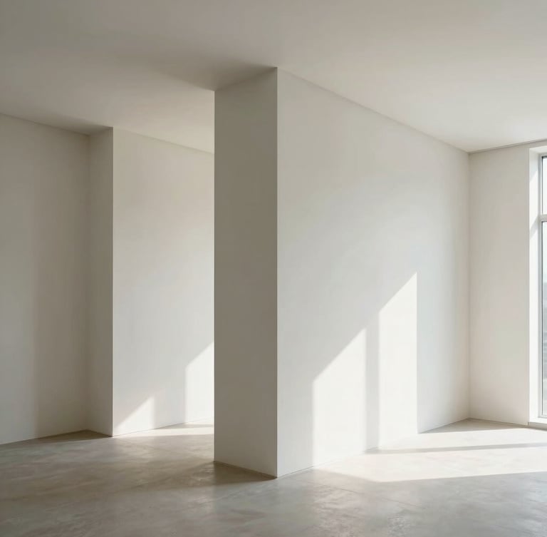 Straight-on architectural photograph of a perfectly finished modern interior, crisp drywall joints, sharp geometric lines, bright natural daylight, clean minimalist space.