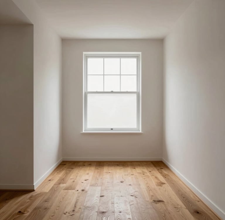 Architectural interior photography of a newly finished minimalist living room, straight-on view, crisp drywall lines, soft natural window light highlighting smooth plaster textures, warm oak flooring planks, 35mm