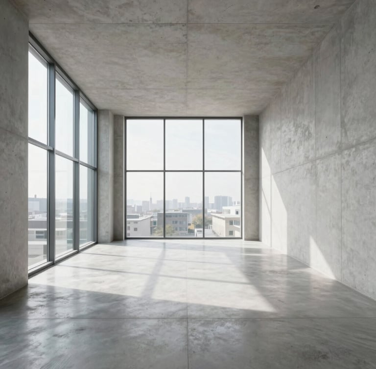 Straight-on architectural view of a clean, finished modern office interior, minimalist concrete walls, flawless floor transitions, bright natural daylight from large windows.