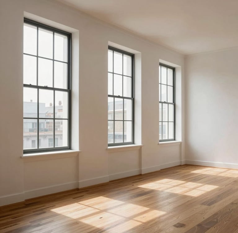 Bright renovated loft with seamless white walls and warm wood flooring, daylight streaming from tall windows, architectural photography.