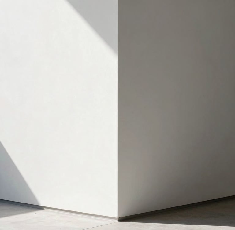Minimalist architectural interior showing a perfectly aligned drywall corner with crisp shadows, clean white paint, geometric lines, natural side lighting, high-definition detail