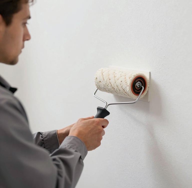 Close-up of a professional craftsman in clean grey workwear using a precision roller on a flawless white wall, sharp focus on the crisp edge, bright natural light