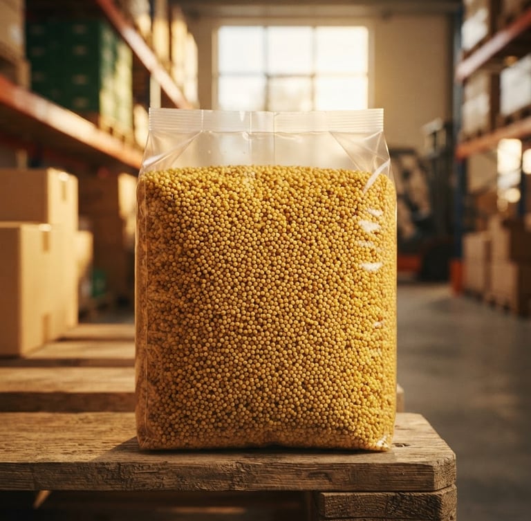 Close-up of raw golden millets in a modern warehouse, clean packaging, sharp detail, warm editorial photography, golden-hour sunlight.