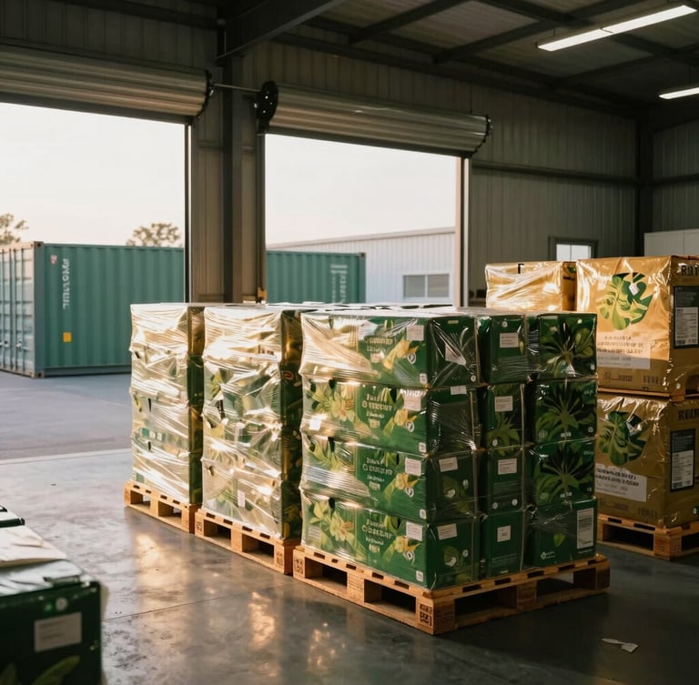 A clean modern warehouse interior with neatly stacked pallets of organic cargo, large open bay doors revealing a waiting shipping container, bright morning light.