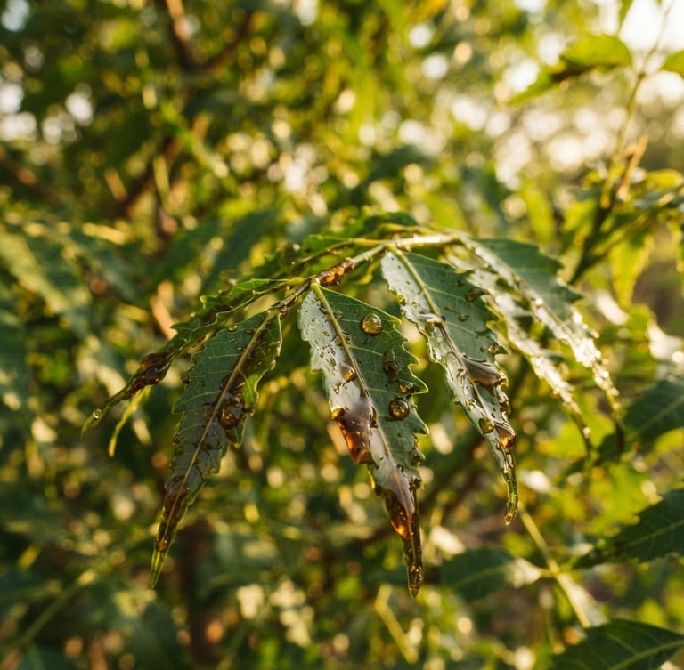 Macro detail shot of rich golden-dark neem oil glistening, sunlit green neem leaves in the background, warm editorial photography, golden-hour sunlight, 35mm lens.