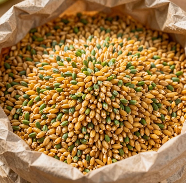 Close-up of golden millet grains overflowing from a multi-wall paper export bag, warm natural lighting, sharp focus on grain texture.