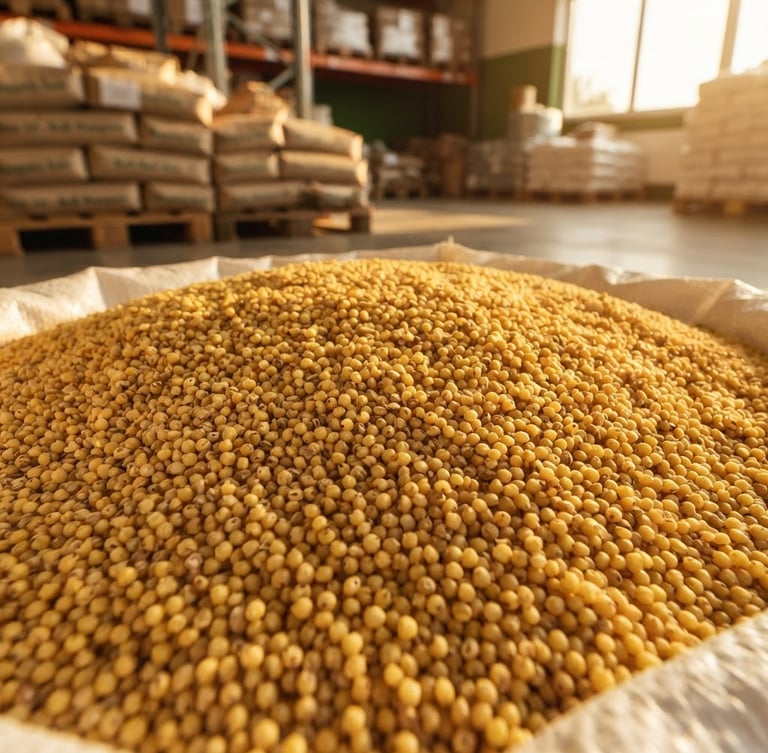 Macro detail shot of raw golden proso millets in a clean modern export warehouse, warm golden-hour side lighting, sharp 35mm lens focus.