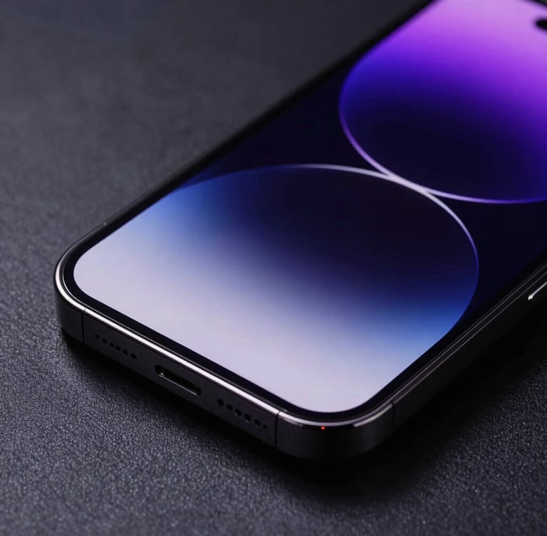 Extreme close-up of a sleek physical smartphone mockup displaying a vibrant purple user interface, hard studio lighting, sharp defined shadows