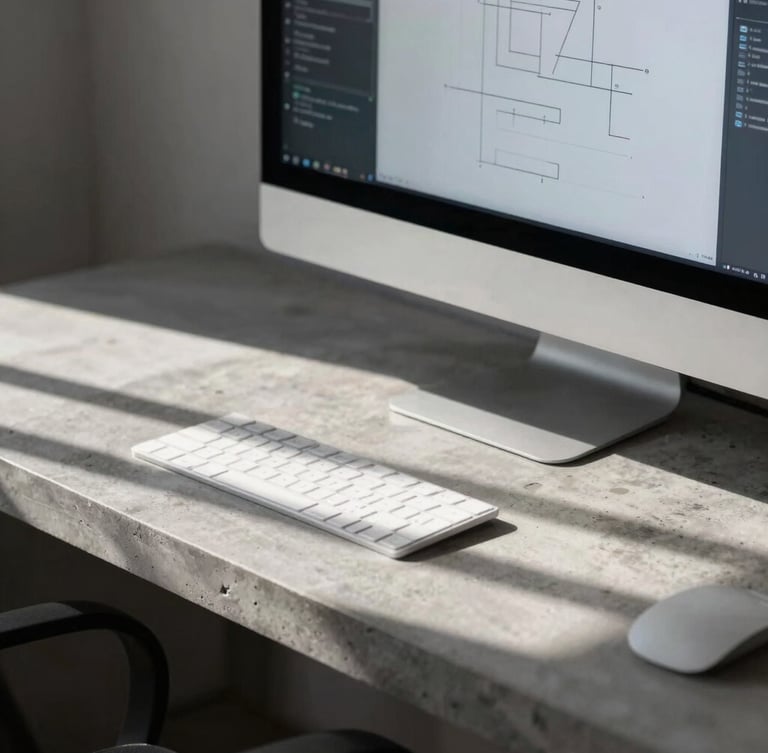 A sharp architectural crop of a modernist design studio workspace, hard daylight casting defined linear shadows across a concrete desk, a single high-end physical screen showing a clean layout.