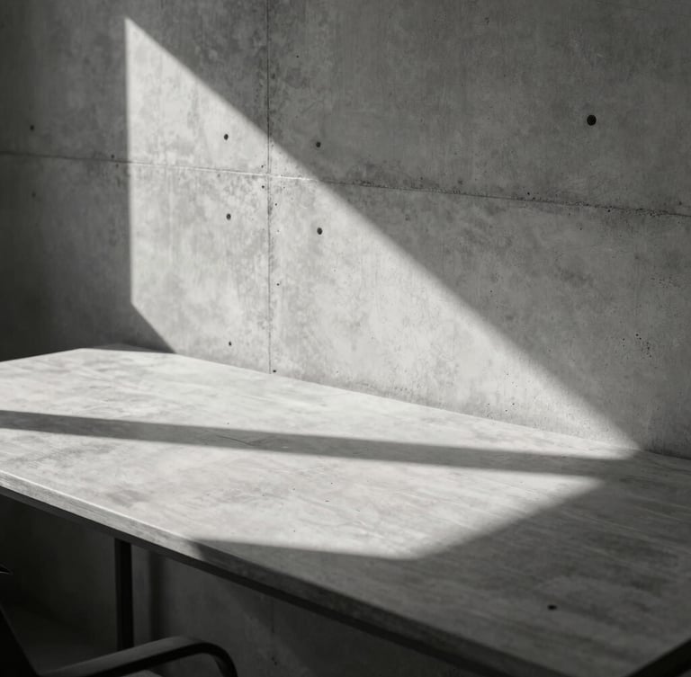 A sharp architectural crop of a minimalist concrete creative studio with hard sunlight casting long shadows across a clean work desk.