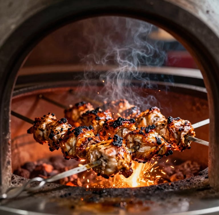Close-up portrait of a skilled chef working over a glowing tandoor oven, skewered chicken kebabs getting a perfect smoky char, sparks flying, dramatic warm lighting, shallow depth of field.