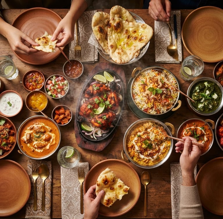Dramatic overhead shot of a loaded family table with sizzling tandoori chicken, steaming copper bowls of biryani, and fresh butter naan, warm lighting