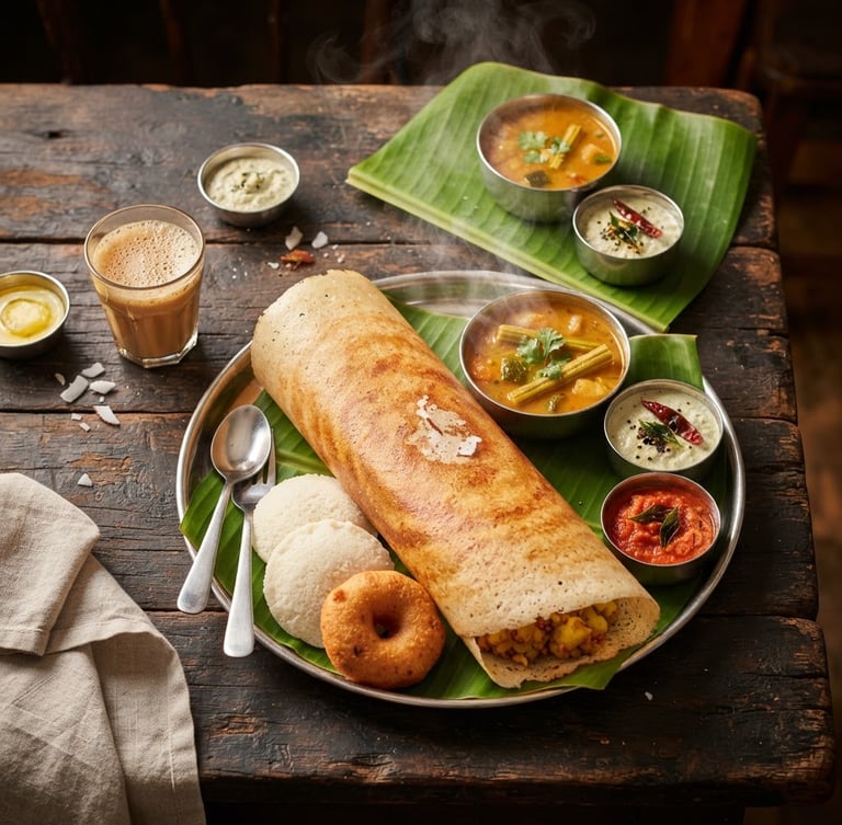 Overhead shot of a rich South Indian breakfast spread with golden masala dosa, idli, vada, sambar, and coconut chutneys on a rustic dark surface, warm steam rising