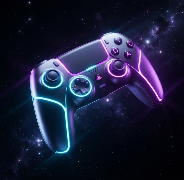 3d render of a glowing futuristic gaming controller floating in zero gravity, high-contrast neon purple and electric cyan rim lighting, deep cosmic black background, dynamic off-axis angle