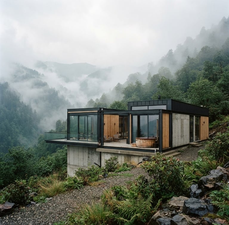 Wide environmental shot of a minimalist steel-framed modular home integrated into a misty mountain landscape in northern Turkey, natural daylight, desaturated concrete tones, 35mm