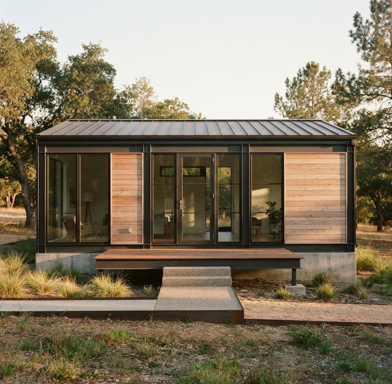 Straight-on architectural elevation of a minimalist steel-framed modular home, natural golden hour daylight casting soft shadows, concrete and warm wood textures, 35mm