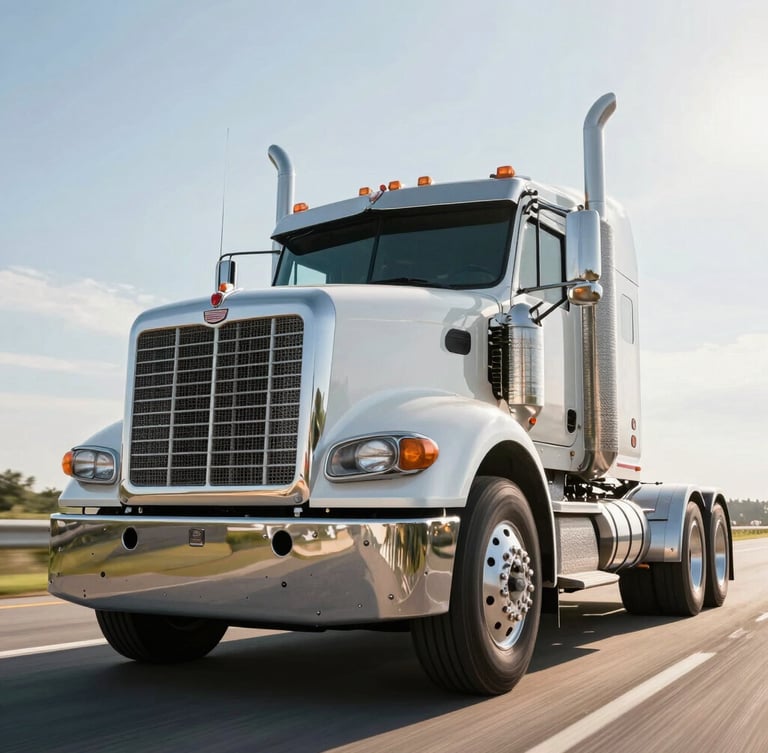 Low-angle heroic shot of a clean 18-wheeler rig on an open highway under bright morning sun, focusing on the chrome grille and high-contrast details.
