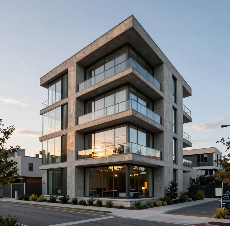 Extreme wide angle of a modern concrete and glass residence in Toronto at dusk, soft golden light reflecting on polished surfaces, minimalist landscaping, architectural framing.