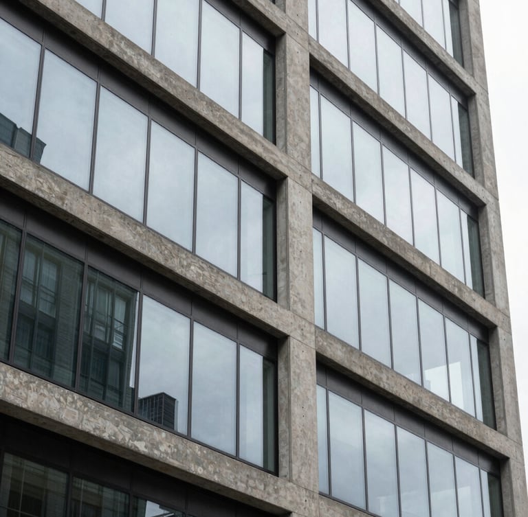 Tight abstract architectural crop of a modern concrete and glass facade in Toronto, sharp angles, soft overcast daylight reflecting off the glass panes.