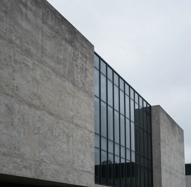 Minimalist concrete and glass architectural facade, sharp angles, soft overcast daylight, generous negative space on the left, high-contrast shadows.