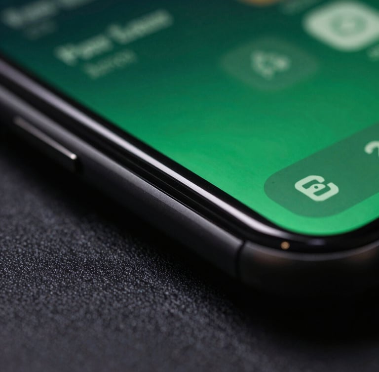 Extreme close-up macro shot of a high-refresh-rate mobile screen displaying fluid UI transitions, glowing green light reflecting off a dark physical bezel, low-key dramatic studio lighting.