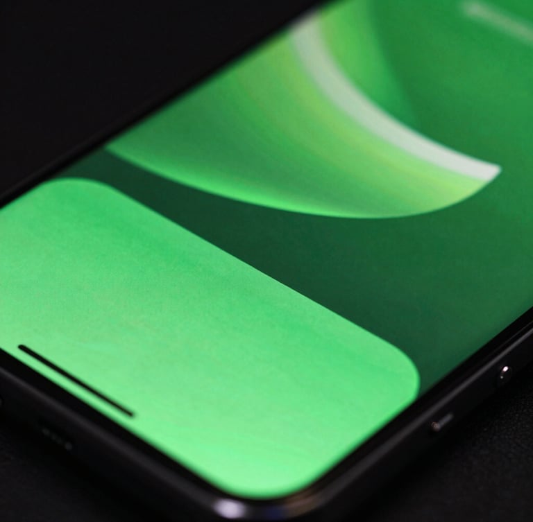 Extreme macro close-up of a high-refresh-rate mobile screen displaying fluid, neon electric green UI transitions, low-key high-contrast studio lighting with dramatic reflections on the glass surface.