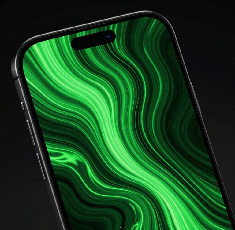 Extreme close-up of a high-refresh-rate mobile screen displaying fluid ferrofluid-like digital patterns in electric green, low-key high-contrast studio lighting, dramatic screen-glow, portrait aspect