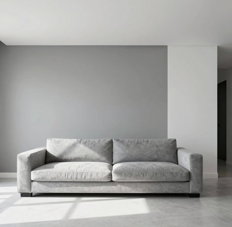 Architectural photography of a modern minimalist living room, clean industrial grey and crisp white tones, sharp focus, 35mm lens