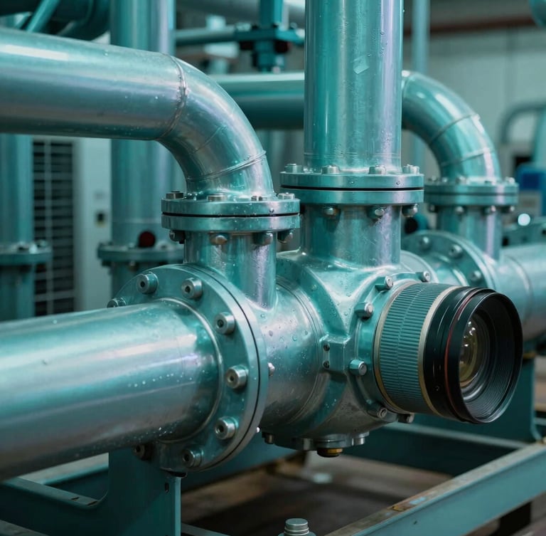 Close-up of industrial HVAC chiller plant piping, high-contrast cyan lighting, teal metallic surfaces
