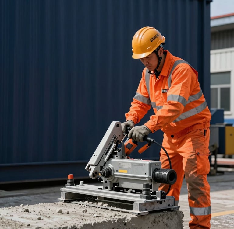Pristine industrial site with an engineer wearing high-visibility orange PPE and safety helmet operating a heavy duty concrete wall saw