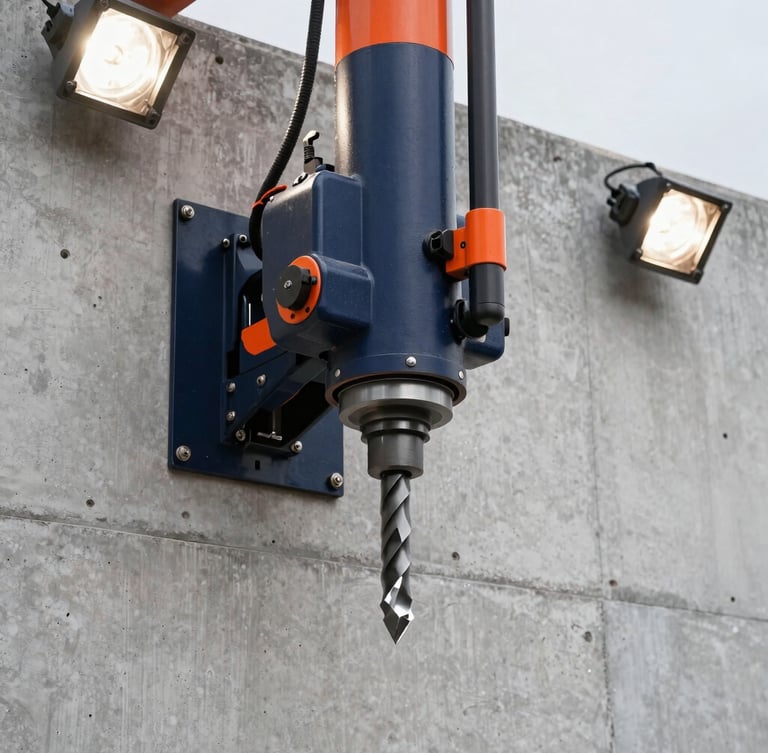 Active diamond core drilling rig mounted on a reinforced concrete wall, clean circular water-cooled cutting action, sharp focus on the diamond bit, dramatic site floodlights.