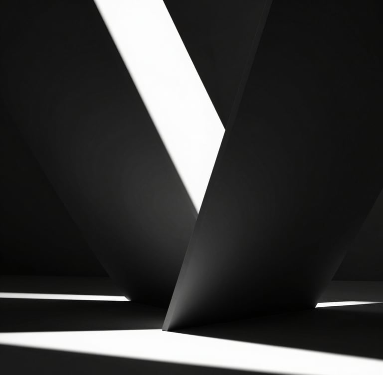 A dramatic monochrome 3D render of sharp geometric monoliths casting deep architectural shadows, studio chiaroscuro lighting, high contrast, pure black and white.