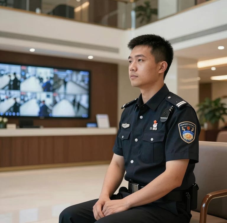 Medium shot of a uniformed security concierge in a modern, clean condominium lobby, sitting upright, monitoring security screens with professional posture.