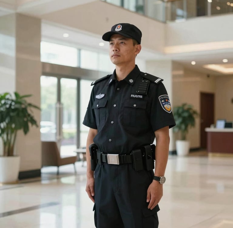 Medium shot of a professional security guard in a crisp dark uniform standing at attention inside a modern, brightly lit condominium lobby, sharp focus, authoritative stance.