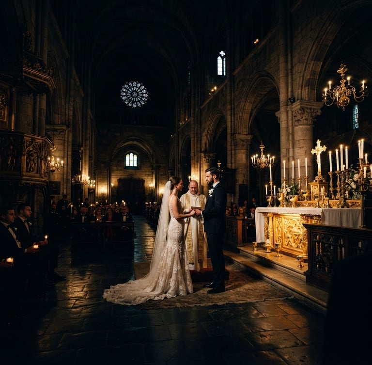 Dramatic wide-angle wedding ceremony in an ancient stone cathedral, low-key chiaroscuro lighting, deep shadows, rich gold accents, 35mm cinematic photography