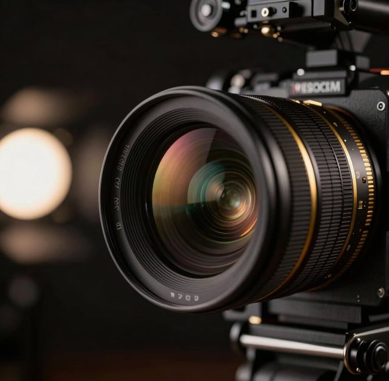 Dramatic close-up of a high-end cinema camera lens on a dark film set, low-key studio lighting, rich gold accents on the lens ring, anamorphic lens flare