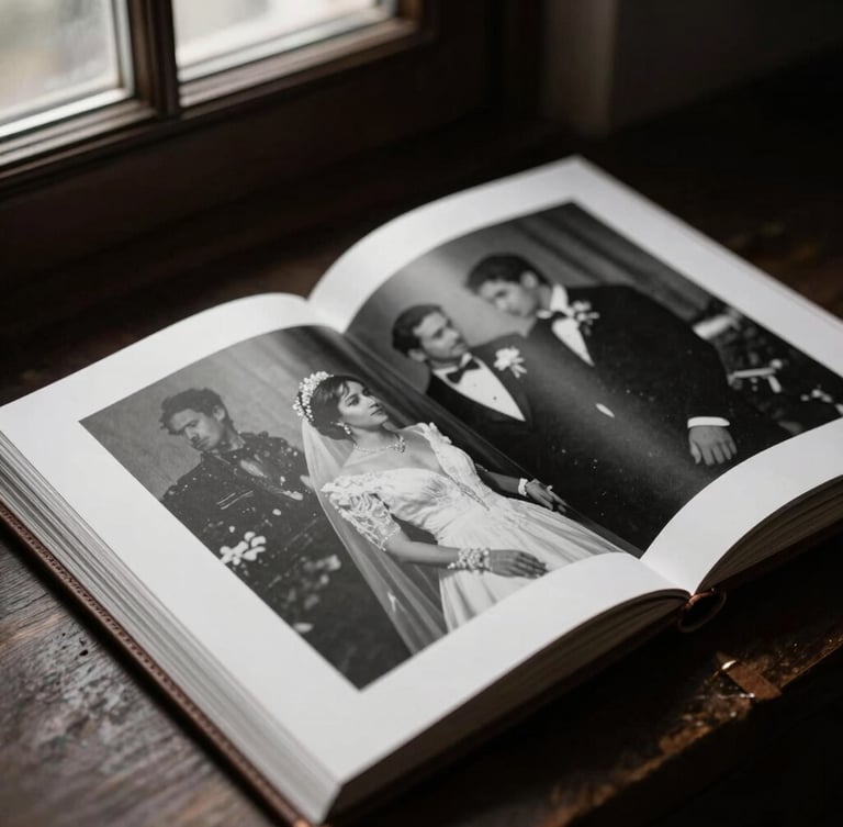 Close-up of a premium leather-bound wedding album being opened, revealing a high-contrast black and white master print, soft dramatic window light, 35mm cinematic photography